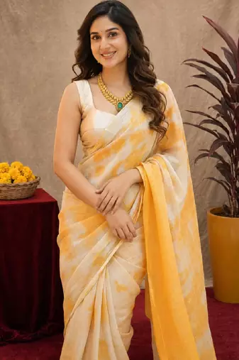 white yellow lilen print work 1 minute ready to wear saree with unstitched blouse piece