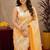 white yellow lilen print work 1 minute ready to wear saree with unstitched blouse piece