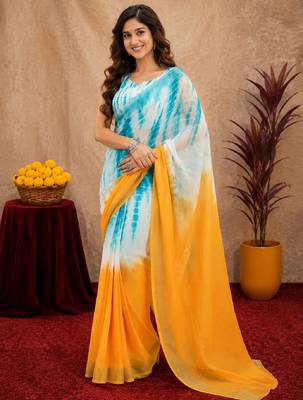 white sky lilen print work 1 minute ready to wear saree with unstitched blouse piece 1