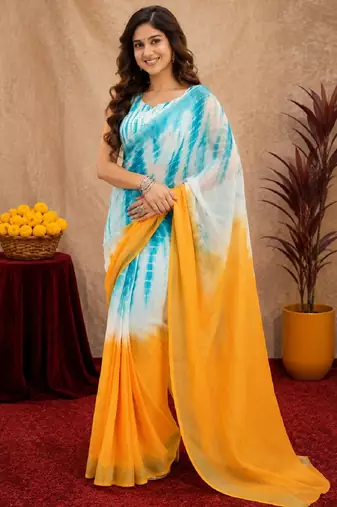 white sky lilen print work 1 minute ready to wear saree with unstitched blouse piece
