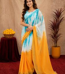 white sky lilen print work 1 minute ready to wear saree with unstitched blouse piece