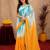 white sky lilen print work 1 minute ready to wear saree with unstitched blouse piece