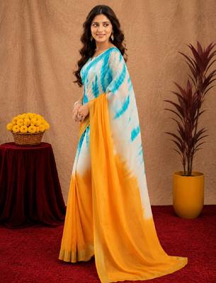 white sky lilen print work 1 minute ready to wear saree with unstitched blouse piece 2