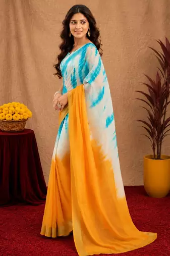 white sky lilen print work 1 minute ready to wear saree with unstitched blouse piece