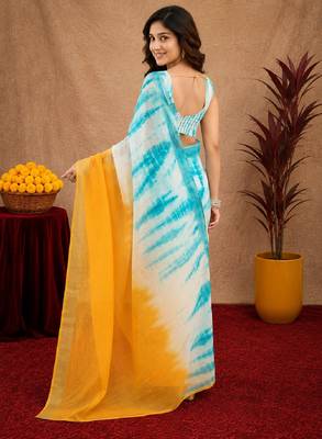 white sky lilen print work 1 minute ready to wear saree with unstitched blouse piece 3