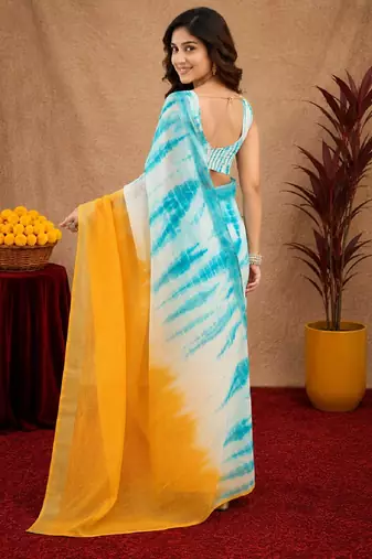 white sky lilen print work 1 minute ready to wear saree with unstitched blouse piece