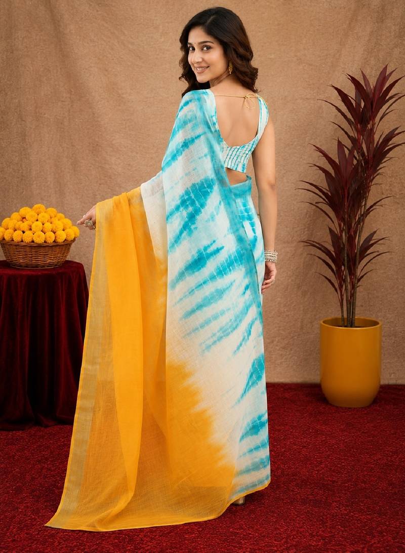 white sky lilen print work 1 minute ready to wear saree with unstitched blouse piece
