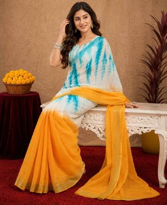 white sky lilen print work 1 minute ready to wear saree with unstitched blouse piece 4