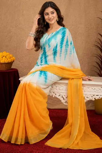 white sky lilen print work 1 minute ready to wear saree with unstitched blouse piece