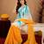 white sky lilen print work 1 minute ready to wear saree with unstitched blouse piece
