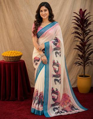 White lilen print work 1 minute ready to wear saree with unstitched blouse piece 1