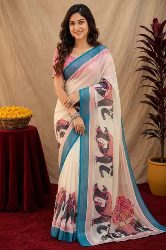 White lilen print work 1 minute ready to wear saree with unstitched blouse piece