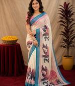 White lilen print work 1 minute ready to wear saree with unstitched blouse piece