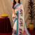 White lilen print work 1 minute ready to wear saree with unstitched blouse piece