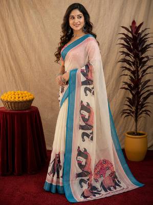 White lilen print work 1 minute ready to wear saree with unstitched blouse piece 2