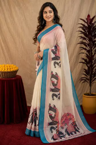 White lilen print work 1 minute ready to wear saree with unstitched blouse piece