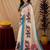 White lilen print work 1 minute ready to wear saree with unstitched blouse piece