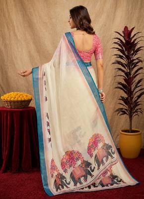 White lilen print work 1 minute ready to wear saree with unstitched blouse piece 3