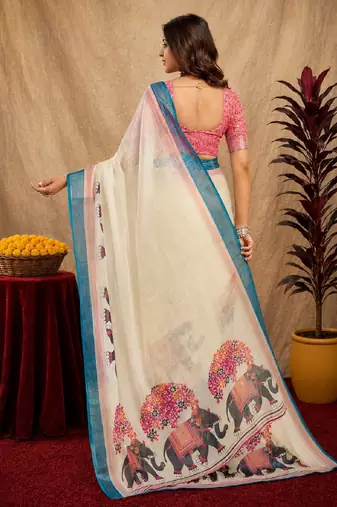White lilen print work 1 minute ready to wear saree with unstitched blouse piece