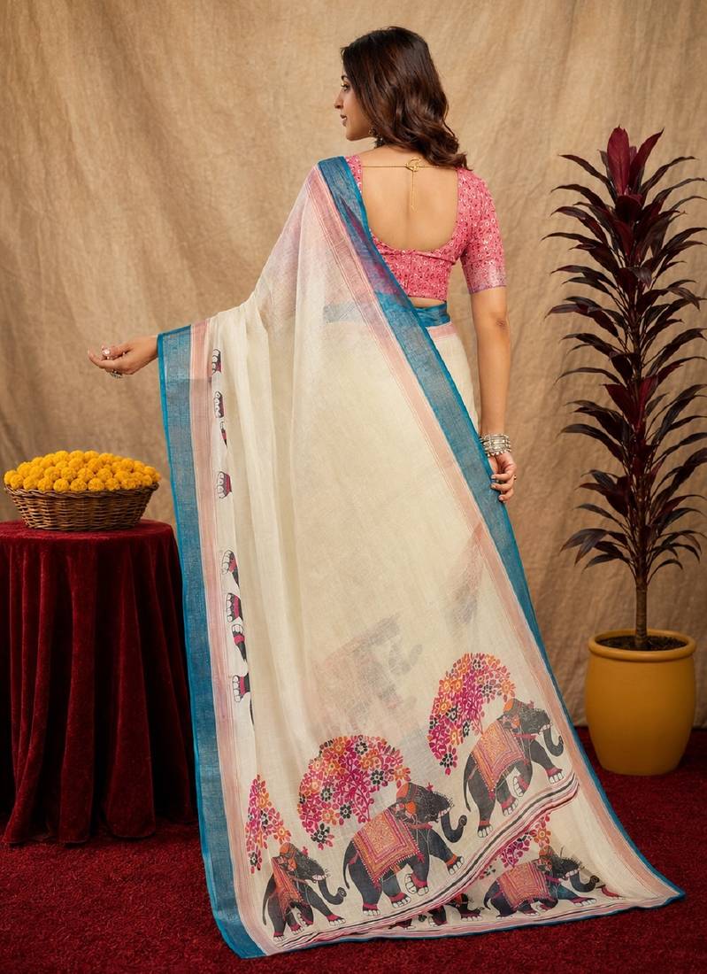 White lilen print work 1 minute ready to wear saree with unstitched blouse piece