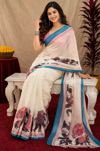 White lilen print work 1 minute ready to wear saree with unstitched blouse piece