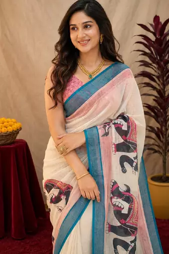 White lilen print work 1 minute ready to wear saree with unstitched blouse piece