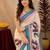 White lilen print work 1 minute ready to wear saree with unstitched blouse piece