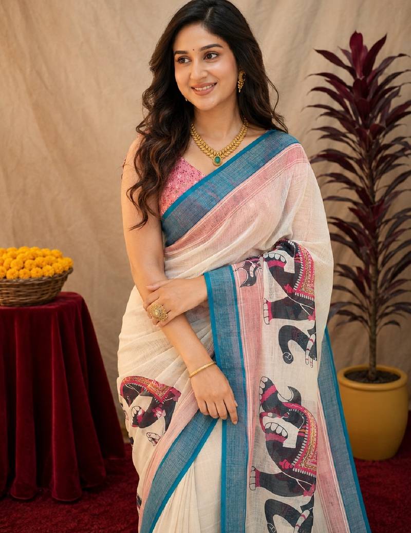 White lilen print work 1 minute ready to wear saree with unstitched blouse piece