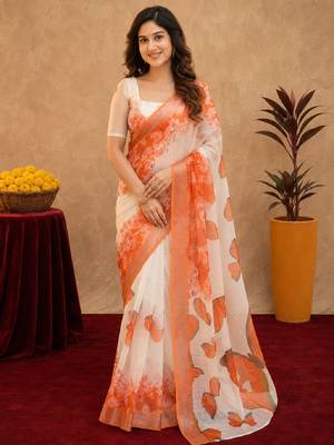 white orange lilen print work 1 minute ready to wear saree with unstitched blouse piece 1