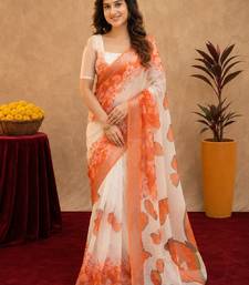 white orange lilen print work 1 minute ready to wear saree with unstitched blouse piece