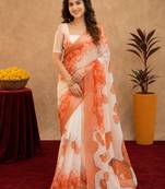 white orange lilen print work 1 minute ready to wear saree with unstitched blouse piece
