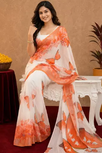 white orange lilen print work 1 minute ready to wear saree with unstitched blouse piece