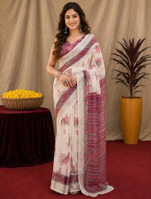 white wine lilen print work 1 minute ready to wear saree with unstitched blouse piece 1
