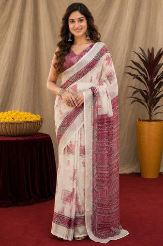 white wine lilen print work 1 minute ready to wear saree with unstitched blouse piece