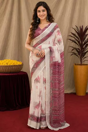 white wine lilen print work 1 minute ready to wear saree with unstitched blouse piece