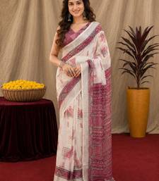 white wine lilen print work 1 minute ready to wear saree with unstitched blouse piece