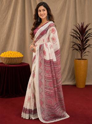 white wine lilen print work 1 minute ready to wear saree with unstitched blouse piece 2
