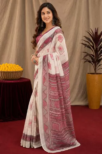 white wine lilen print work 1 minute ready to wear saree with unstitched blouse piece