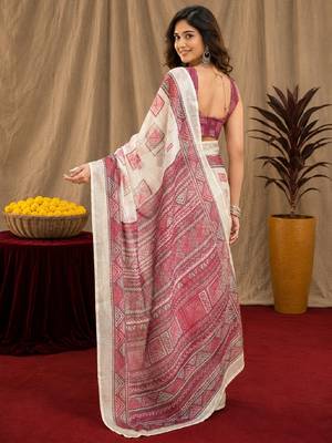 white wine lilen print work 1 minute ready to wear saree with unstitched blouse piece 3