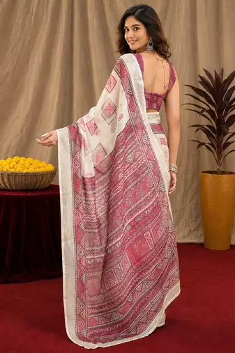white wine lilen print work 1 minute ready to wear saree with unstitched blouse piece