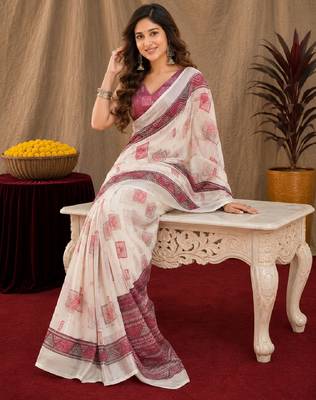 white wine lilen print work 1 minute ready to wear saree with unstitched blouse piece 4