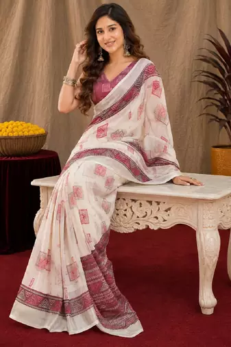 white wine lilen print work 1 minute ready to wear saree with unstitched blouse piece