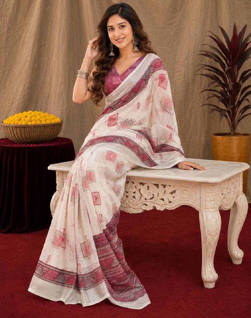 white wine lilen print work 1 minute ready to wear saree with unstitched blouse piece