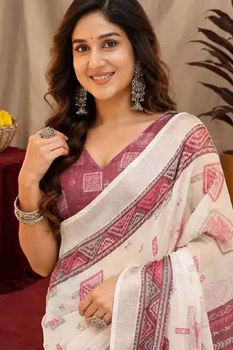 white wine lilen print work 1 minute ready to wear saree with unstitched blouse piece