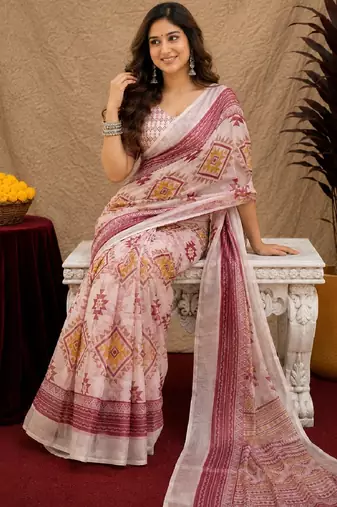 White lilen print work 1 minute ready to wear saree with unstitched blouse piece