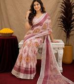 White lilen print work 1 minute ready to wear saree with unstitched blouse piece