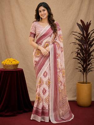 White lilen print work 1 minute ready to wear saree with unstitched blouse piece 2