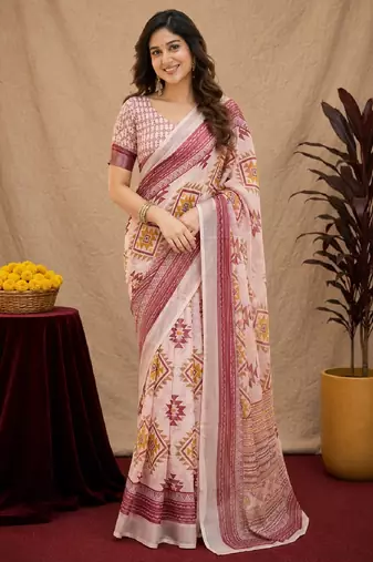 White lilen print work 1 minute ready to wear saree with unstitched blouse piece