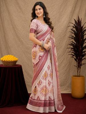 White lilen print work 1 minute ready to wear saree with unstitched blouse piece 3