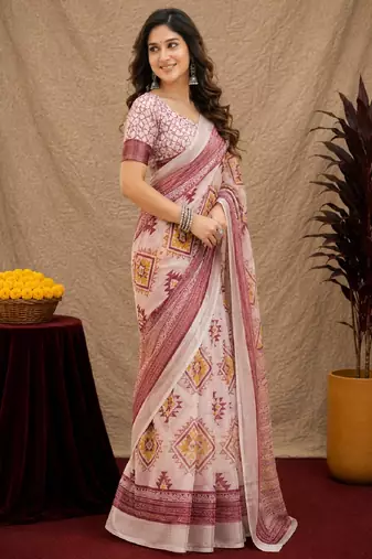 White lilen print work 1 minute ready to wear saree with unstitched blouse piece